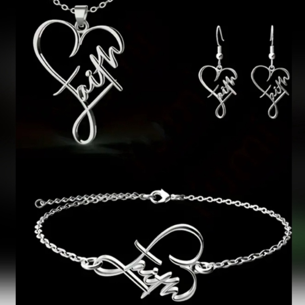 Silver Faith Heart Earrings, Necklace, and Bracelet Set